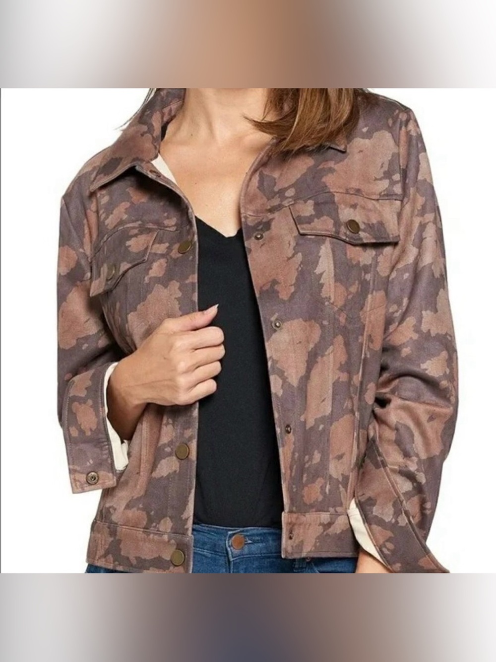 Mauby camo tan brown snap jean style jacket coat print women new Medium